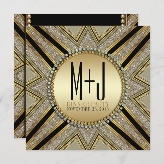 アートデコスタイルのタウペゴールドのディナーパーティー招待状 招待状 (正面/裏面)