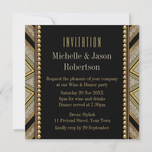 アートデコスタイルのタウペゴールドのディナーパーティー招待状 招待状 (裏面)