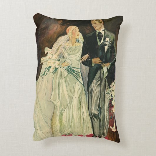アートデコスタイルのヴィンテージ結婚式 新婦と新郎 新婚カップル アクセントクッション (裏面(縦))