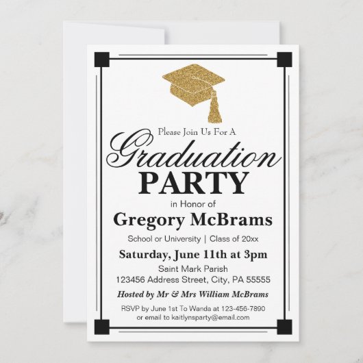 アートデコスタイルの白い卒業パーティー 招待状 (正面)