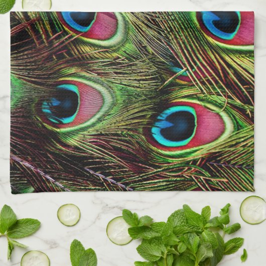 アートデコティール(緑がかった色)グリーンターコイズ孔雀フェザー キッチンタオル (折り畳み)