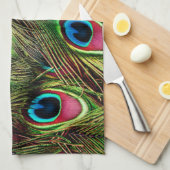 アートデコティール(緑がかった色)グリーンターコイズ孔雀フェザー キッチンタオル (四つ折り)