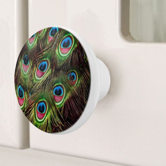 アートデコティール(緑がかった色)グリーンターコイズ孔雀フェザー セラミックノブ