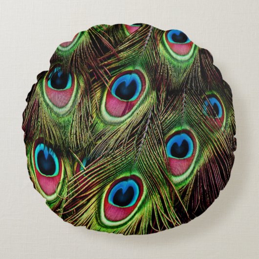 アートデコティール(緑がかった色)グリーンターコイズ孔雀フェザー ラウンドクッション (正面)