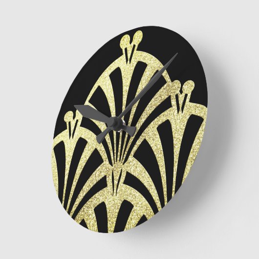 アートデコファンパターンの黒の金ゴールドエレガントヴィンテージ ラウンド壁時計 (傾斜)