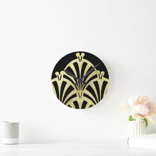 アートデコファンパターンの黒の金ゴールドエレガントヴィンテージ ラウンド壁時計 (ホーム)