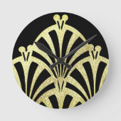 アートデコファンパターンの黒の金ゴールドエレガントヴィンテージ ラウンド壁時計 (正面)