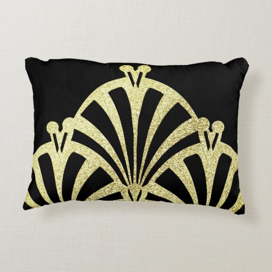 アートデコファンパターン黒金ゴールドエレガントヴィンテージ アクセントクッション (裏面)