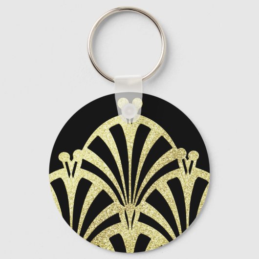 アートデコファンパターン黒金ゴールドエレガントヴィンテージ キーホルダー (正面)