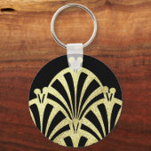 アートデコファンパターン黒金ゴールドエレガントヴィンテージ キーホルダー (正面)
