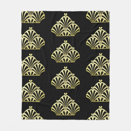 アートデコファンパターン黒金ゴールドエレガントヴィンテージ フリースブランケット (正面)