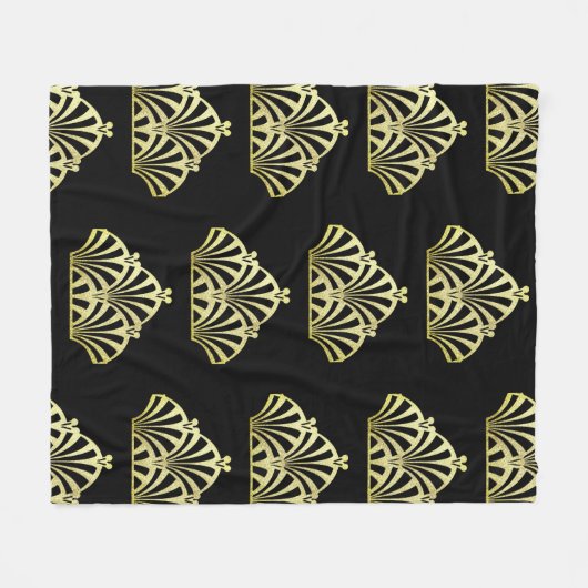アートデコファンパターン黒金ゴールドエレガントヴィンテージ フリースブランケット (正面(横))