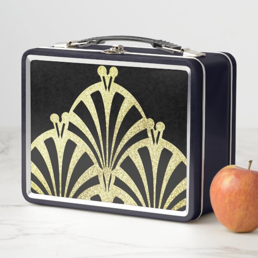 アートデコファンパターン黒金ゴールドエレガントヴィンテージ メタルランチボックス (インサイチュ)