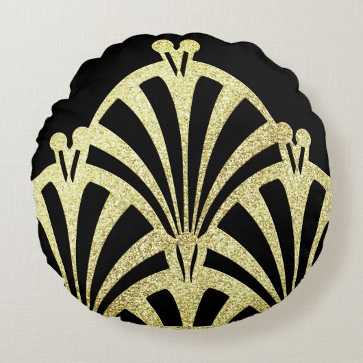 アートデコファンパターン黒金ゴールドエレガントヴィンテージ ラウンドクッション (正面)