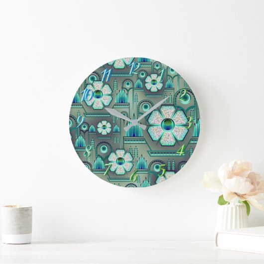 アートデコフラワーパターンヴィンテージフローラ幾何学 ラージ壁時計 (ホーム)