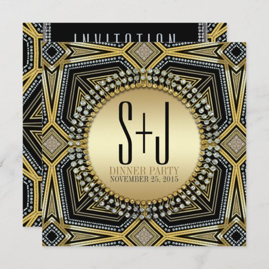 アートデコ幾何学模様ゴールドのディナーパーティー招待状 招待状 (正面/裏面)