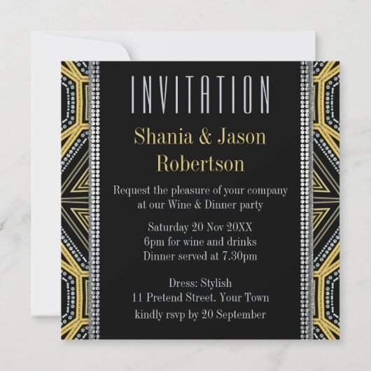 アートデコ幾何学模様ゴールドのディナー・パーティー招待状 招待状 (裏面)