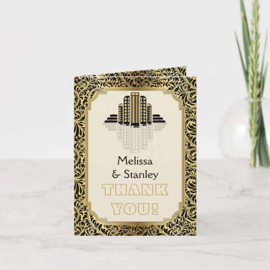 アートデコ建築 黒、金の結婚式のお礼 サンキューカード (正面)