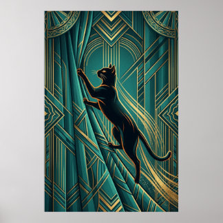 アートデコ窓辺の黒猫壁画 ポスター