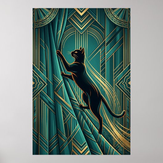 アートデコ窓辺の黒猫壁画 ポスター (正面)