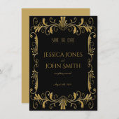 アートデコ金ゴールドブラックエレガントな結婚式の招待状 セーブザデート (正面/裏面)