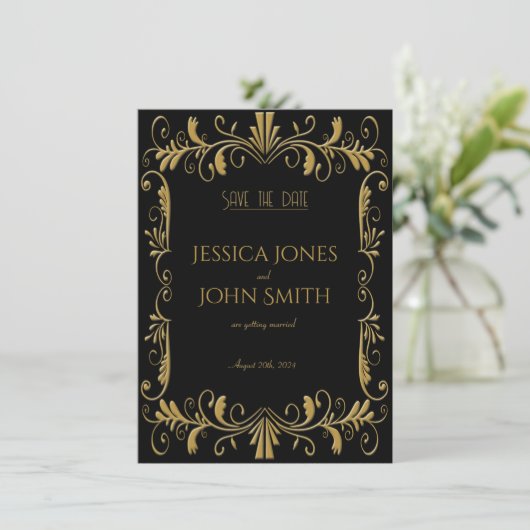 アートデコ金ゴールドブラックエレガントな結婚式の招待状 セーブザデート (スタンド正面)