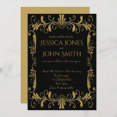 アートデコ金ゴールドブラックエレガントな結婚式の招待状 招待状 (正面/裏面)