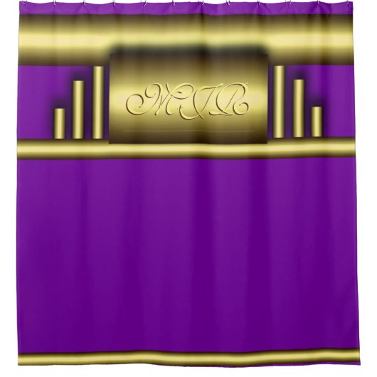 アートデコ高級金ゴールドと紫のモノグラム王室の シャワーカーテン (正面)