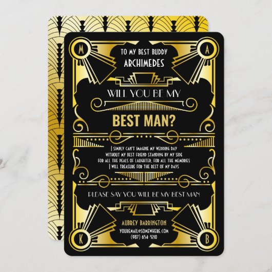 アートデコ あなたは私のベストマンに ゴールド&ブラック 招待状 (正面/裏面)
