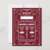 アートデコ ウェディング ゴールド バーガンディー RSVP 返信 招待状 (正面)