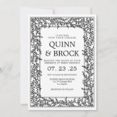 アートデコ ウェディング ブラックアンドホワイト フォリアージ 招待状 (正面)