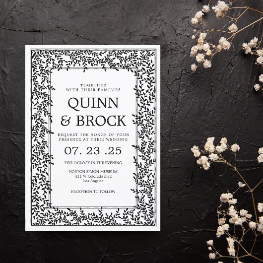 アートデコ ウェディング ブラックアンドホワイト フォリアージ 招待状