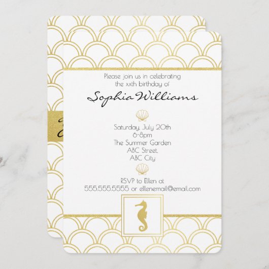 アートデコ オーシャンウェーブ ゴールドグリッター タツノオトシゴ 誕生日 招待状 (正面/裏面)