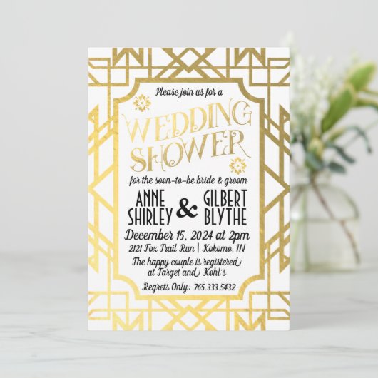アートデコ カップル ウェディングシャワー 1920年代 ゴールド箔 招待状 (スタンド正面)