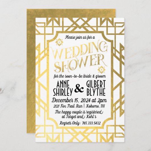 アートデコ カップル ウェディングシャワー 1920年代 ゴールド箔 招待状 (正面/裏面)