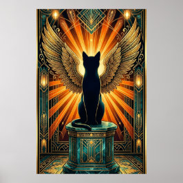 アートデコ カールした眠る猫の壁画 ポスター