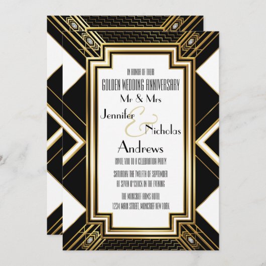 アートデコ ゴールド ウェディング アニバーサリー インビテーション (正面/裏面)