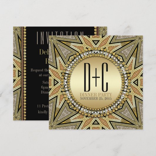 アートデコ ゴールド グリッター ディナーパーティー 招待状 (正面/裏面)