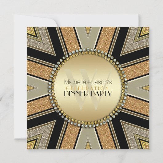 アートデコ ゴールド グリッター ディナー パーティー ご招待 招待状 (正面)
