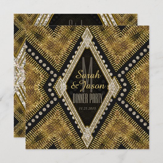 アートデコ ゴールド+ブラックレザー ディナー パーティー 招待状 (正面/裏面)