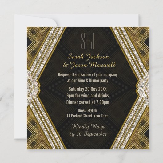 アートデコ ゴールド+ブラックレザー ディナー パーティー 招待状 (裏面)