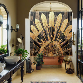 アートデコ ゴールド ブラック あなたのモノグラム サンバースト モチーフ シャワーカーテン