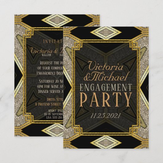 アートデコ ゴールド ブラック 婚約招待状 招待状 (正面/裏面)
