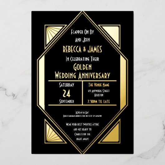 アートデコ ゴールド 結婚50周年 ブラックゴールド 箔招待状 (正面)