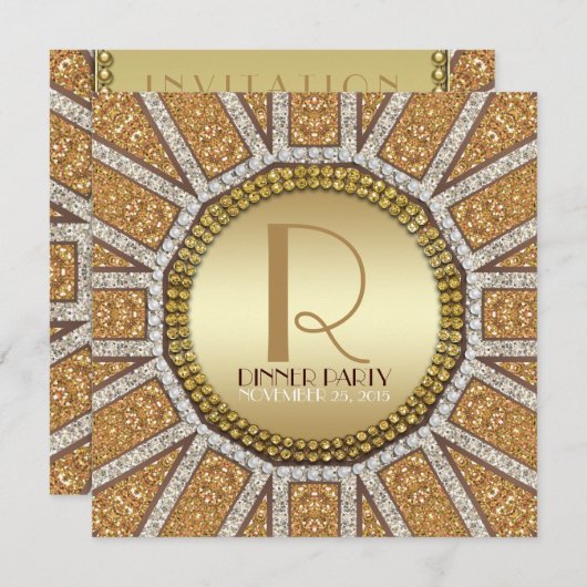 アートデコ サン ゴールデングリッター ディナーパーティー招待状 招待状 (正面/裏面)