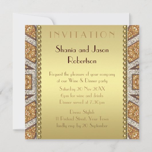 アートデコ サン ゴールデングリッター ディナーパーティー招待状 招待状 (裏面)