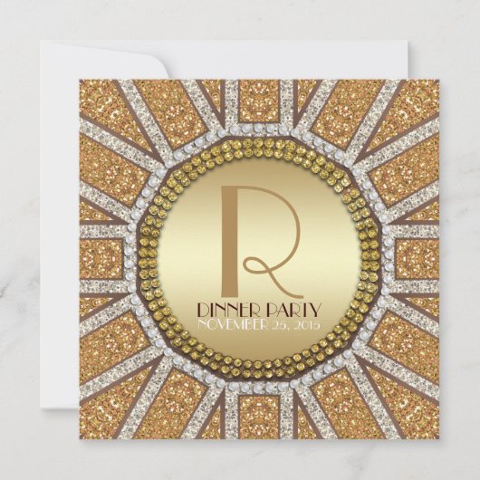 アートデコ サン ゴールデングリッター ディナーパーティー招待状 招待状 (正面)