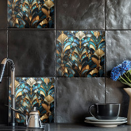 アートデコ ターコイズ ブラック ゴールド ファン セラミック タイル