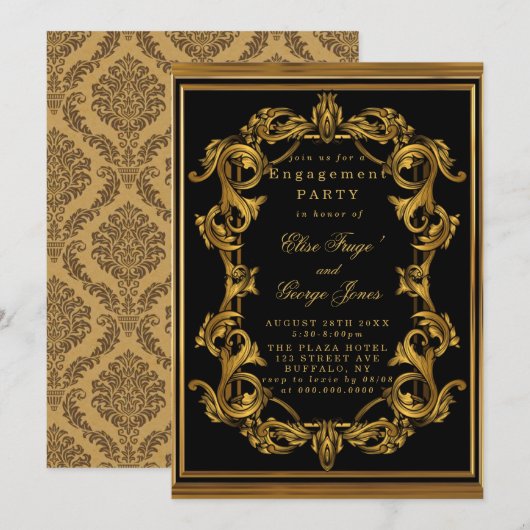 アートデコ ブラック ゴールド ロイヤルエンゲージメントパーティー 招待状 (正面/裏面)