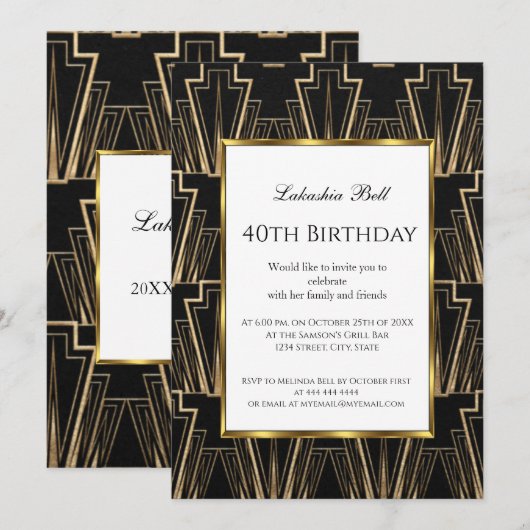 アートデコ ブラック ゴールド 誕生日パーティー 招待状 (正面/裏面)